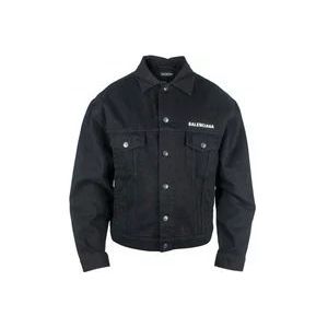 Balenciaga Zwarte denim jas met wit logo , Black , Heren , Maat: S