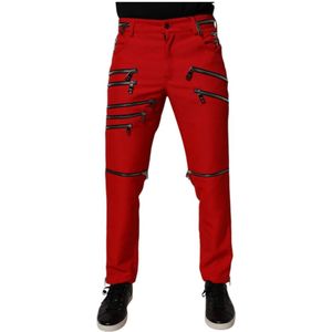 Dolce & Gabbana - Rode Chino Broek - Heren - Polyester - Slim Fit - Ritsversiering