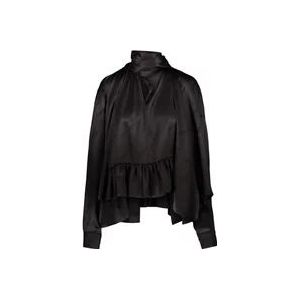 Balenciaga Zijden satijnen blouse met logo print en gerimpelde zoom , Black , Dames , Maat: S