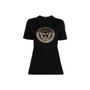 Versace Zwarte Folie Gedrukte Medusa T-shirts en Polos , Black , Dames , Maat: 2XS