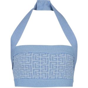 Balmain Gebreide halternek top met PB Labyrinth monogram , Blue , Dames , Maat: 2XS