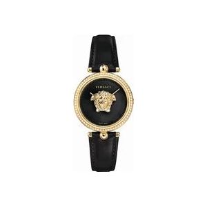Versace Empire Zwart Lederen Gouden Diamanten Horloge , Multicolor , Dames , Maat: ONE Size