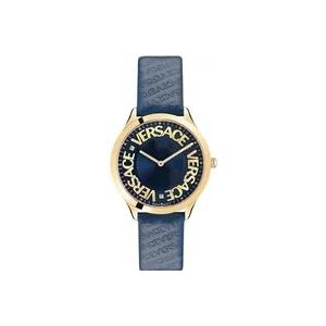 Versace Logo Halo Leren Horloge Blauw Goud , Blue , Dames , Maat: ONE Size