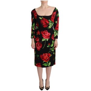 Dolce & Gabbana - Kokerjurk - Zwart met Rode Rozenprint - Zijde