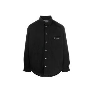 Jacquemus Zwarte wollen overhemdjasje met geborduurd logo , Black , Heren , Maat: L