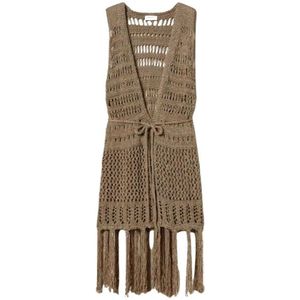Twinset - Gilet - Bruin - Polyester - ONE Size - Geperforeerd Breisel met Lurex Franjes