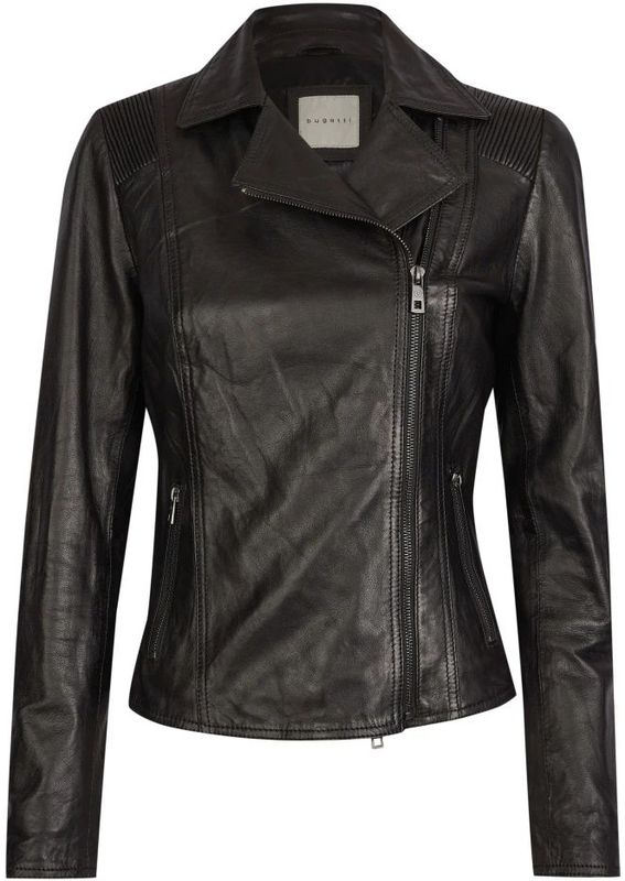 Bugatti - Dames - Leren Jas - Zwart - Asymmetrische Sluiting, Ritszakken