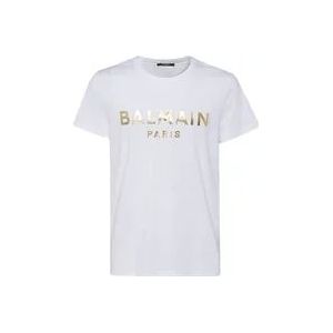 Balmain Wit-Goud Katoenen T-shirt met Logo Print , White , Heren , Maat: S