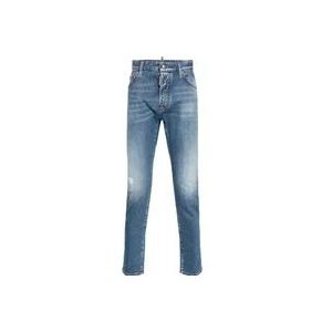 Dsquared2 Blauwe Denim Jeans met Contraststiksels en Versleten Details , Blue , Heren , Maat: XS