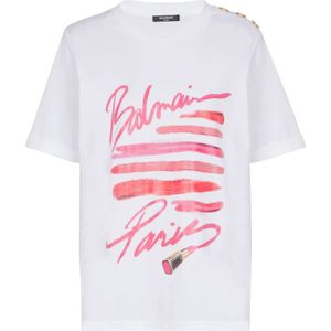 Balmain T-shirt met lippenstiftprint , White , Dames , Maat: XS