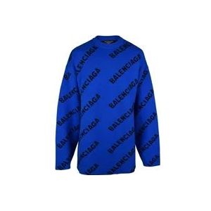 Balenciaga Blauwe Wollen Trui met Diagonaal Logo Print , Blue , Dames , Maat: L