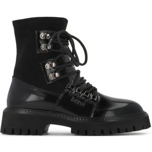 Kazar - Zwarte Leren Laarzen - Dames - Met Stoffen Bovenwerk en Trepszool