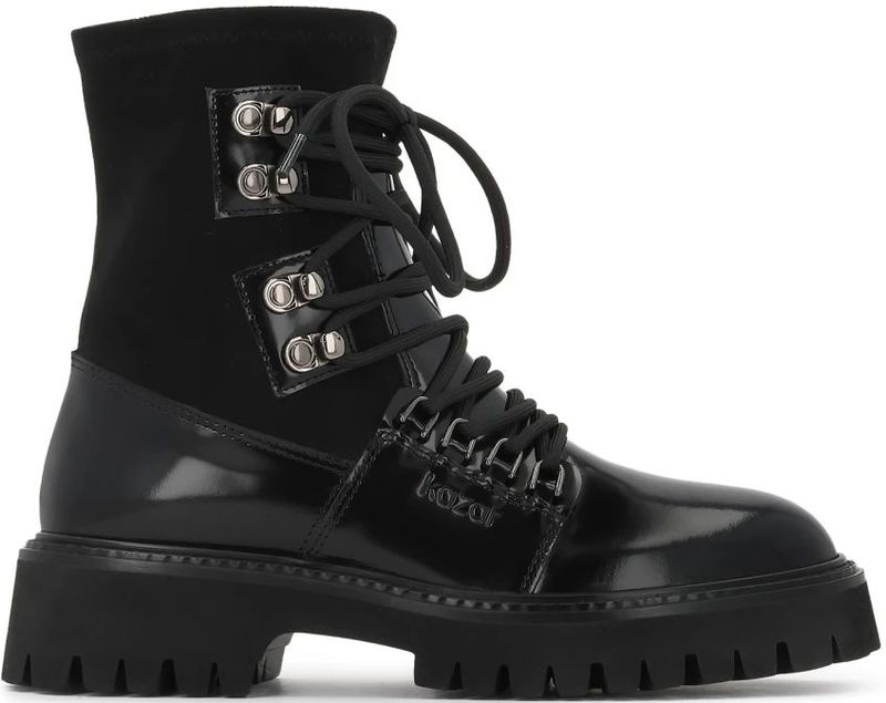 Kazar - Zwarte Leren Laarzen - Dames - Met Stoffen Bovenwerk en Trepszool