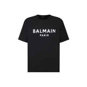 Balmain Zwart Organisch Katoenen T-Shirt met Bedrukt Logo , Black , Heren , Maat: L