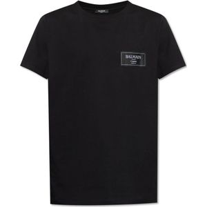 Balmain T-shirt met logopatch , Black , Heren , Maat: 2XL