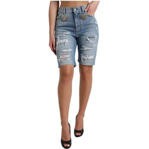 Dolce & Gabbana - High Waist Embellished Bermuda Denim Shorts - Blauw
