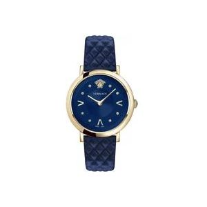 Versace Chic Blauw Lederen Goud Stalen Horloge , Blue , Dames , Maat: ONE Size