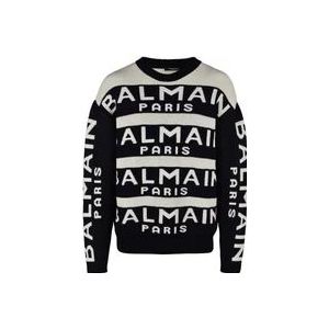 Balmain Zwarte en witte wollen trui , Black , Heren , Maat: L