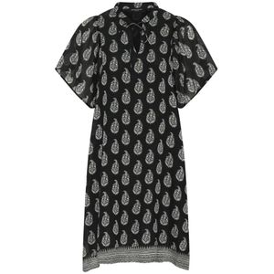 Bruuns Bazaar - Bloemenprint Jurk - Zwart - Crème - Viscose - Strikceintuur - Korte Volantmouwen