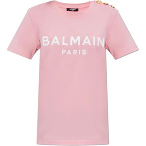 Balmain T-shirt met bedrukt logo , Pink , Dames , Maat: M