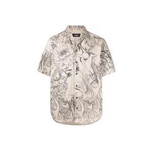 Dsquared2 Katoenen overhemd met korte mouwen en zwarte bloemenprint , Beige , Heren , Maat: S