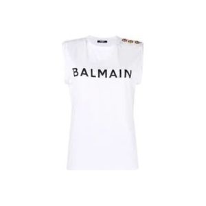 Balmain Logo Print Mouwloze Top , White , Dames , Maat: XS