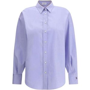 Brunello Cucinelli - Katoenen Shirt - Licht - Met Jeweled Collar en Asymmetrische Hem
