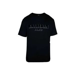 Balmain Zwarte Textuur Logo Ronde Kraag T-shirt , Black , Heren , Maat: L
