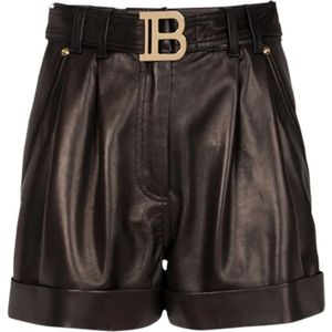 Balmain Korte hoge taille leren riem met gesp , Black , Dames , Maat: S