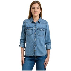 Guess, Dames, Blouses & Shirts, Blauw, Maat: M Denim,