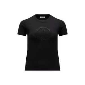 Moncler Zwart T-shirt met kristallogo , Black , Dames , Maat: L