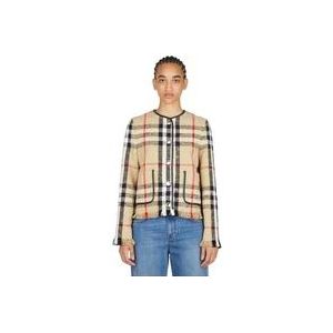 Burberry Check Bouclé Fringe Jas , Beige , Dames , Maat: XS