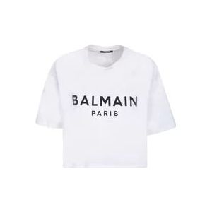 Balmain Wit Logo Crop T-Shirt , White , Dames , Maat: XS