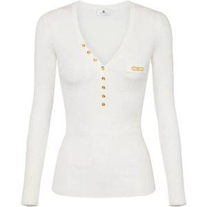 Elisabetta Franchi - Ivoor - V-hals Gebreide Trui - Dames - Met Zak en Goudkleurig Logo
