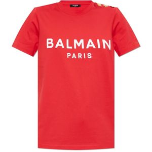 Balmain T-shirt met bedrukt logo , Red , Dames , Maat: XS