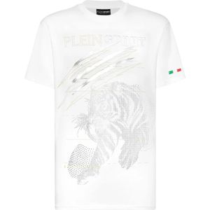 Plein Sport - T-Shirt - Wit - Ronde Hals - Tijgerprint - Katoen