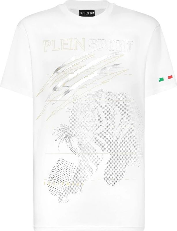 Plein Sport - T-Shirt - Wit - Ronde Hals - Tijgerprint - Katoen