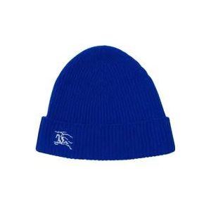 Burberry Blauwe Geribbelde Cashmere Equestrian Knight Geborduurde Beanie , Blue , Heren , Maat: ONE Size