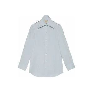 Gucci Lichtblauwe Poplin Overhemd met Puntige Kraag en Emaille GG Knopen , Blue , Dames , Maat: XS