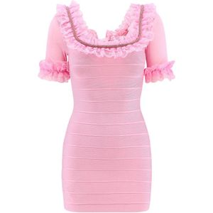 Self Portrait - Gerimpelde Gebreide Mini Jurk - Multicolor - Roze - Korte Mouwen - Kant- en Strassdetails