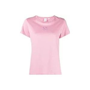 Pinko Love Birds Geborduurde T-shirts en Polos , Pink , Dames , Maat: XS