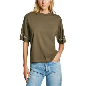 T-shirt - Groen - Biologisch Katoen - Casual - Korte Mouwen - Strass-Detail