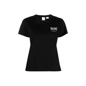 Pinko Zwarte T-shirts en Polos met Kristalversiering , Black , Dames , Maat: XS