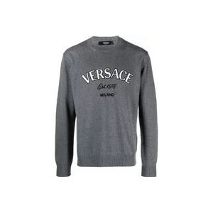 Versace Grijze Gebreide Trui met Milano Stempel Borduursel , Gray , Heren , Maat: L