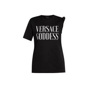 Versace T-shirt met opgerolde schouderdetails , Black , Dames , Maat: XS