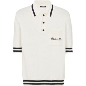 Balmain Wollen poloshirt met handtekeningborduursel , White , Heren , Maat: S