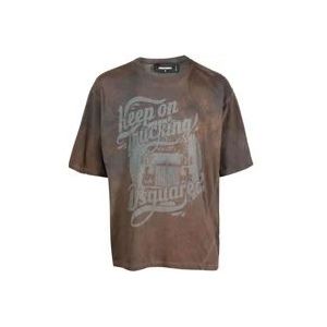 Dsquared2 Grafisch Bedrukt Katoenen T-Shirt , Brown , Heren , Maat: XL