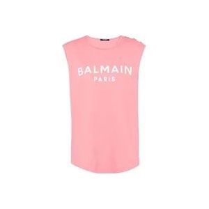 Balmain Zalm en wit katoenen T-shirt , Pink , Dames , Maat: L