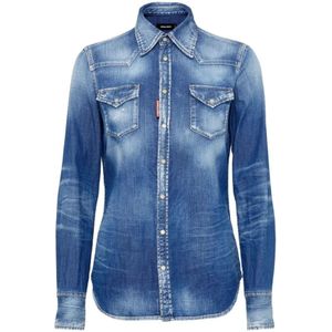 Dsquared2, Dames, Blouses & Shirts, Blauw, Maat: XS Katoen,