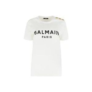 Balmain Katoenen Crew-Neck T-Shirt met Versierde Knopen , White , Dames , Maat: XS